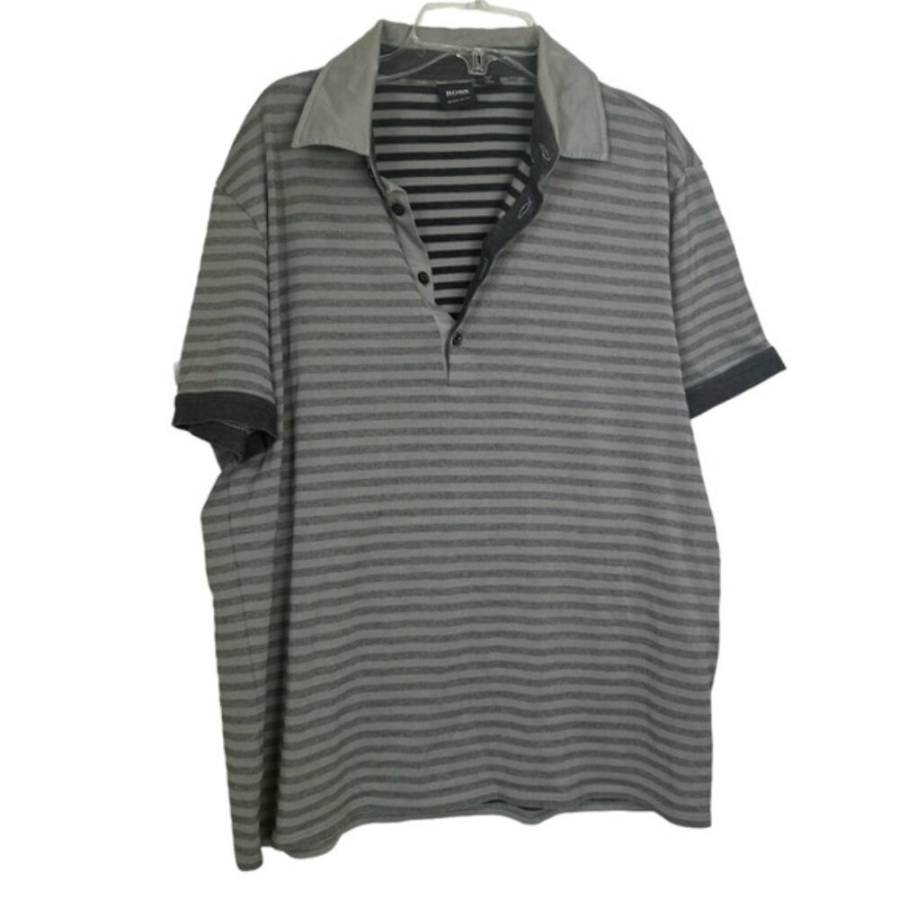 Hugo Boss Cotton Polo Golf Shirt Striped Regular Fit Short Sleeves Buttons Top L